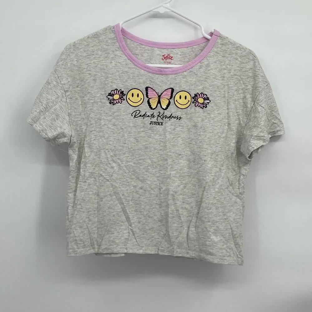 Justice Radiate Kindness Flower Smile Butterfly Cropped T-shirt Gray L 12-14